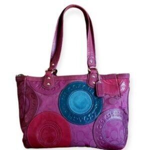 Euc Rare Coach Patchwork Pink & Blue-Green Leather Tote Bag Purse Lg c